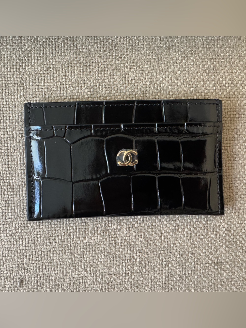 💯 Auth NWT CHANEL Black Croc-Embossed Leather Card Holder with Gold CC Hardware
